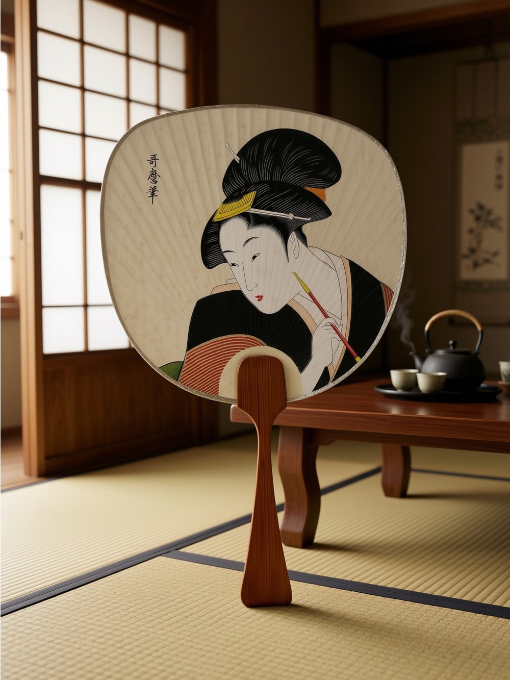 1960s Non-Folding Bamboo & Paper Japanese Geisha Fan Doubles As A Postcard